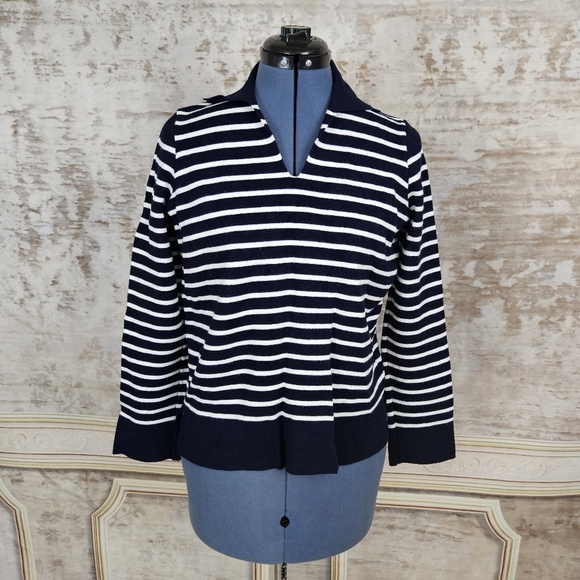 Cyrus Sweaters - Cyrus XS Navy White Striped Sweater Nautical Pullover Collared V-Neck Resort